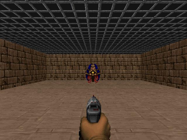 First-person Doom arena with a pistol and an approaching enemy